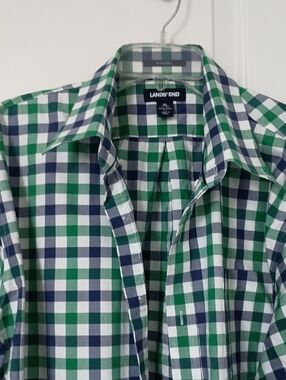 Lands' End Blue, Green & White Plaid Casual Button-Down Shirt